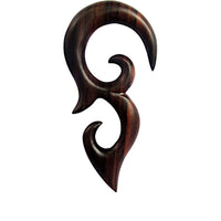 Load image into Gallery viewer, The Sonoholz lang Tribal Piercing Holz Bögen Ornament is a dark brown, polished wooden pendant featuring a curved, abstract tribal design with smooth edges and pointed tips, displayed against a white background.
