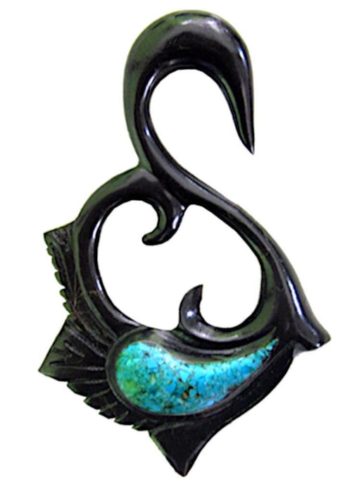 A black Tribal Buffalo Horn Piercing Expander shaped like a swan, featuring a turquoise stone inlay with detailed accents, perfect as an eye-catching plug or ear hanger.