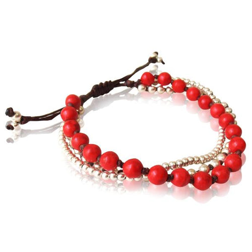Armband dreilagig Koralle rot Messing Perlen Baumwolle gewachst braun nickelfrei verstellbar