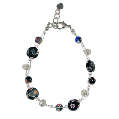 Glitzer Muranoglas Armband rund schwarz Perlen Blümchenmuster ca.18-20cm nickelfrei