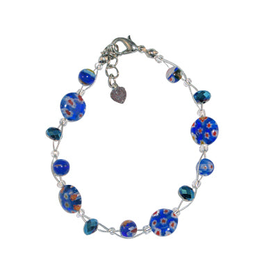 Muranoglas Armband rund blau Perlen Blümchen Kristall ca.18-20cm nickelfrei