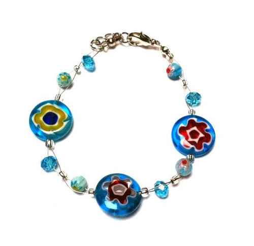 Muranoglas Glasperlen Armband hell blau bunt Blumen Glitzer nickelfrei 18-20 cm