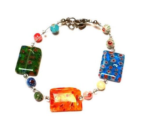 Muranoglas Glasperlen Perlen Armband blau grün orange eckig Glitzer Damen 18-20 cm nickelfrei