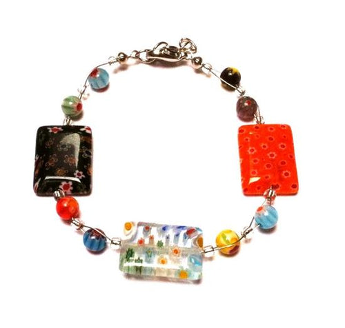 Muranoglas Glasperlen Glas Perlen Armband Damen Schmuck Edelstahl 18-20 cm Blumen bunt eckig