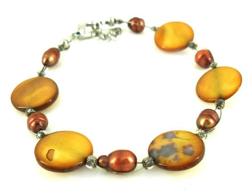 Perlmutt Armband ocker Perlen Scheiben Damen Karabinerverschluss nickelfrei 18cm-20cm