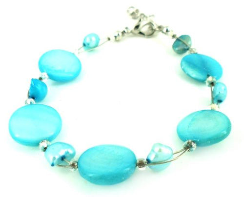 Perlmutt Armband hellblau Perlen Scheiben Damen Karabinerverschluss nickelfrei 18cm-20cm
