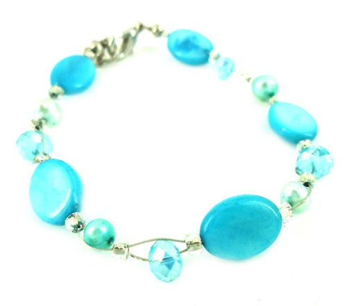Glitzer Perlmutt Armband blau türkis oval Perlen Scheiben Damen Karabiner nickelfrei 18cm-20cm