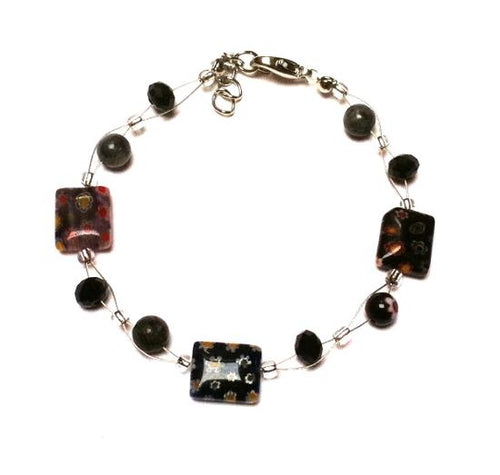 Muranoglas Armband Glasperlen schwarz bunt Blumen Rechteck Glitzer 18-20 cm Karabiner nickelfrei