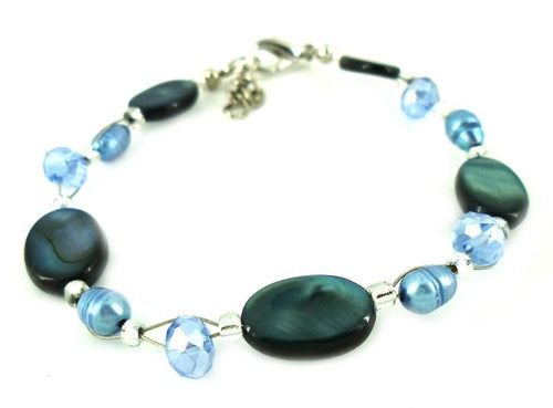 Glitzer Perlmutt Armband blau grau oval Perlen Scheiben Damen Karabiner nickelfrei 18cm-20cm