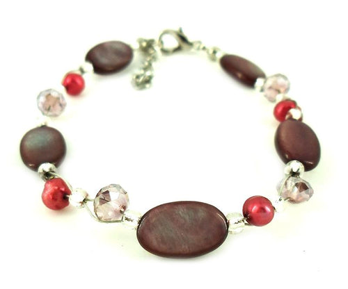 Glitzer Perlmutt Armband dunkel violett rot oval Perlen Scheiben Karabiner nickelfrei 18cm-20cm