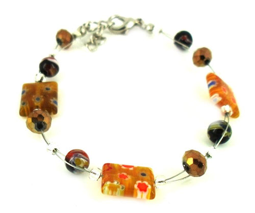 Muranoglas Glitzer Perlen Armband Rechteck orange bunt Glasperlen Blumen Damen 18-20 cm nickelfrei