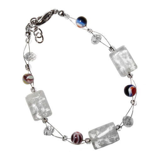 Muranoglas Glitzer Perlen Armband Rechteck weiß bunt Glasperlen Blumen Damen 18-20 cm nickelfrei