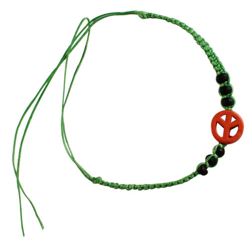 Armband grün Peace rot Koralle Holzperlen schwarz Wachsfaden handgefädelt unisex
