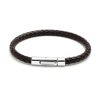Load image into Gallery viewer, A dark brown, round-braided unisex Lederarmband from "Lederarmbänder rund geflochten Farben Armband Leder Knopfverschluss unisex nickelfrei" with a shiny stainless steel Knopfverschluss, shown on a plain white background.
