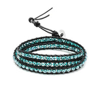 Load image into Gallery viewer, The "Glitzer Lederarmbänder dreilagig Glaskristall Perlen facettiert bunt Armband" is a black adjustable leather bracelet that wraps multiple times around the wrist, adorned with shiny turquoise crystals and faceted glass beads.

