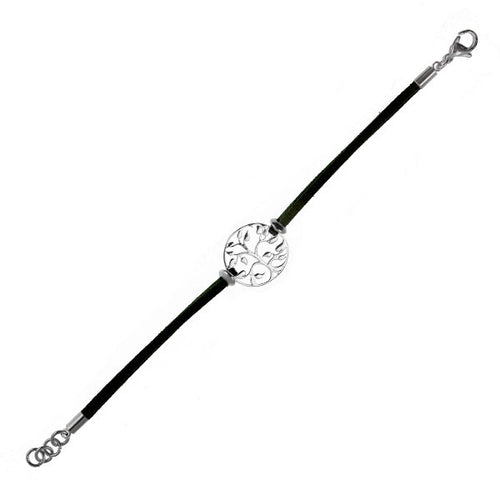 A brass armband with a 16 cm adjustable leather band, featuring a filigree 20 mm leaf charm and lobster clasp closures for a perfect fit.