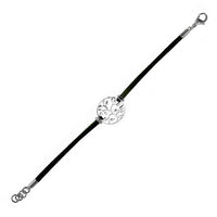 Load image into Gallery viewer, A brass armband with a 16 cm adjustable leather band, featuring a filigree 20 mm leaf charm and lobster clasp closures for a perfect fit.
