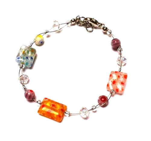 Muranoglas Glasperlen Perlen Armband weiß gelb rot blau Blumen 18-20 cm nickelfrei