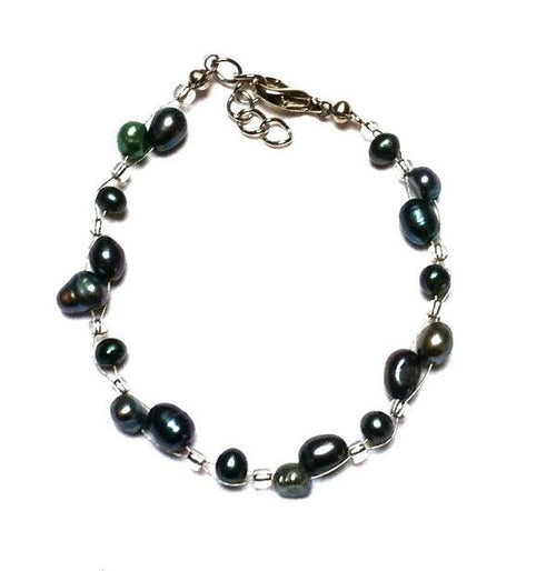 Armband grün metallic schwarz Perlen Glasperlen Edelstahl Damen Glitzer Schmuck verstellbar