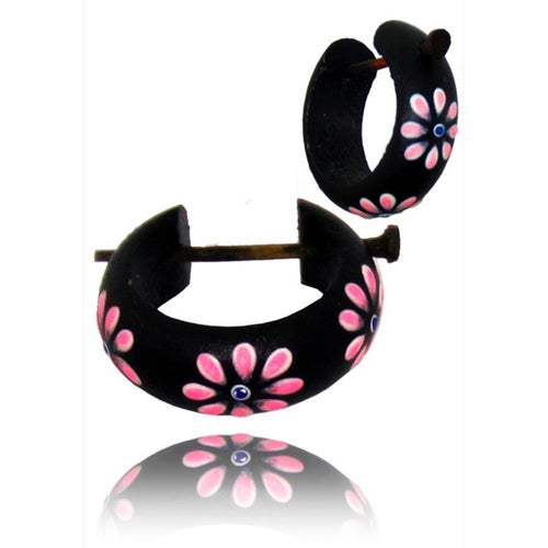 Holzcreolen Pin-Ohrringe Pin-Creolen Kokosholz Harz Damen Schmuck Dunkel Blumen Pink