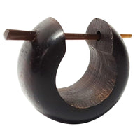 Load image into Gallery viewer, A round, dark Holz Creolen 16mm Ohrringe with a thick curved shape, straight horn pin, and polished wood grain surface—crafted from organic materials for a striking look.
