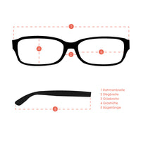 Cargar imagen en el visor de la galería, A diagram of Sonnenbrille Damen Designer Farbverlauf Brille Glamour Style getönt 400UV Bogen with German labels for frame, bridge, lens width/height, and temple—ideal for checking the specs of your Sonnenbrille mit UV-Schutz 400.
