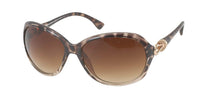 Cargar imagen en el visor de la galería, The Sonnenbrille Damen Designer Brille Schlaufe Metall Glamour Style features a brown tortoiseshell pattern, gradient brown lenses with 400UV protection, and chic gold accents on the temples, shown on a white background.
