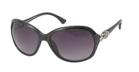 Cargar imagen en el visor de la galería, Die Sonnenbrille Damen Designer Brille Schlaufe Metall Glamour Style getönt 400UV mit dunklen Gläsern und metallischem Detail bietet UV-Schutz 400 und Glamour Style, präsentiert vor weißem Hintergrund.
