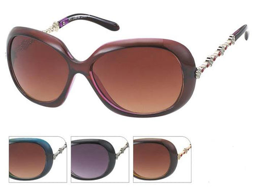 A pair of oversized Sonnenbrille Damen Zirkonia Blumen Designer Brille with brown gradient lenses and jeweled arms for true Glamour Style. Below are images of blue, black, and brown variations.
