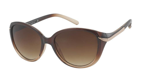 Die Sonnenbrille Damen Designer Farbverlauf Brille Glamour Style getönt 400UV Bogen präsentiert sich mit großflächigen, runden Gläsern und goldenen Akzenten am Bügel auf weißem Hintergrund.