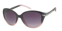Cargar imagen en el visor de la galería, A pair of Sonnenbrille Damen Designer Farbverlauf Brille Glamour Style getönt 400UV Bogen with cat-eye black and pink gradient frames, dark tinted lenses, metallic arm accents, and UV 400 protection for stylish glamour.
