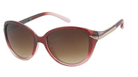 Cargar imagen en el visor de la galería, The Sonnenbrille Damen Designer Farbverlauf Brille Glamour Style getönt 400UV Bogen features red cat-eye frames, brown gradient lenses, and gold arm accents, offering stylish 400UV protection for confident glamour, shown on a white background.
