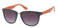 Load image into Gallery viewer, The Sonnenbrille Damen Designer Brille getönt 400UV mehrfarbig Nerdbrille Herz features black round frames, purple gradient lenses, orange arms, UV-Schutz 400, and heart-shaped hinge details for a stylish look.
