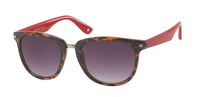 Load image into Gallery viewer, Sonnenbrille Damen Designer Brille getönt 400UV – mehrfarbiges Tortoiseshell-Design mit roten Bügeln, dunklen Verlaufs­gläsern, Herzdetails an den Ecken und weißer Aufschrift. Nickelfreie Nerdbrille mit UV-Schutz 400.
