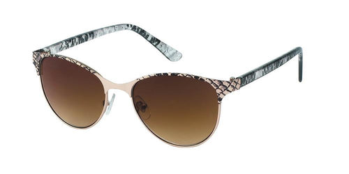 The Sonnenbrille Damen 400UV Vintage features thin metal frames, overhanging patterned temples with a snakeskin texture, and stylish round brown tinted lenses for a chic retro look.