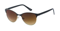 Load image into Gallery viewer, The Sonnenbrille Damen 400UV Vintage features a schmal black Metallrahmen with gold trim, überstehend edges, and brown gradient getönte Gläser, stylishly patterned and displayed on a white background.

