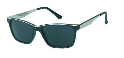 The Sonnenbrille Vintage getönt 400UV features a slim, rectangular black frame, dark tinted lenses, colorful striped metal arms, and UV 400 protection—stylishly presented on a white background.