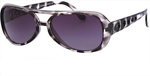 The Sonnenbrille Unisex Brille features oval, dark-tinted lenses with 400 UV protection and a gray-black, patterned semi-transparent frame with circular cut-out accents on the arms, shown against a white background.