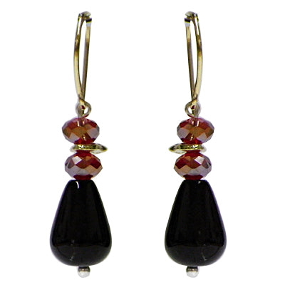 Perlenohrringe, Schwarz und Braun, aus Onyx und Glas, auberginenförmig, mit vergoldetem Plättchen, 925er Sterlingsilber-Bügel, ca.7x14mmØ
