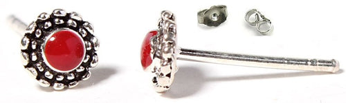 Ohrstecker, rot, koralle, rund, Blume 5 mm Ø, in massivem Silber mit Zopfmuster eingefasst, 925er Sterlingsilber-Stift
