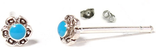 Ohrstecker, türkis, rund, 3 mm Ø, in Silber mit Muster eingefasst, 925er Sterlingsilber-Stift