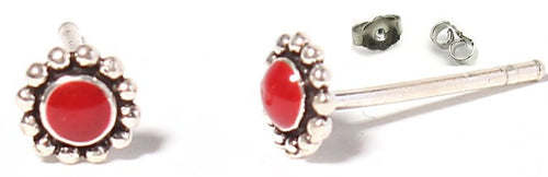 Ohrstecker Rahmen Silberkreise, rot, koralle, rund, 4 mm Ø, in echtem Silber eingefasst, 925er Sterlingsilber-Stift