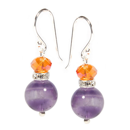 Perlenohrringe, lila, orange, amethystfarbener Stein, mit Zirkonia, 925er Sterlingsilber-Bügel, 20 mm lang
