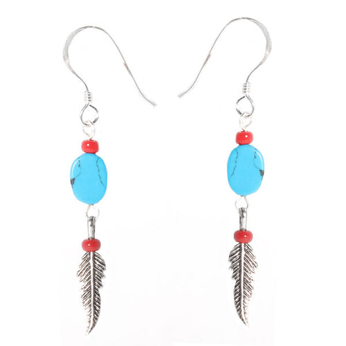 Ohrhänger Sterling Silber Ohrringe Damen Indianer Schmuck Koralle Perle Rot Feder Türkis