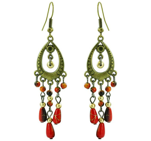 Ohrringe Messing Damen Ohrhänger Kupfer Ohrschmuck oval Steine rot
