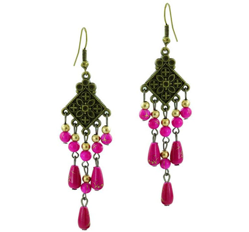 Ohrringe Messing Damen Ohrhänger Kupfer Ohrschmuck Steine pink quadratisch