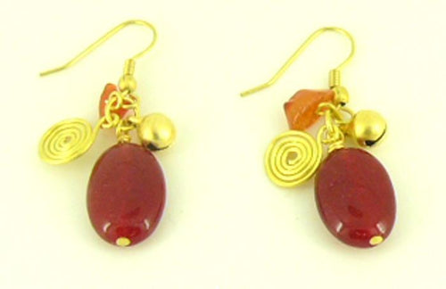 Kupferohrringe Ohrringe gefärbter Jadestein rot orange gold Schelle Spirale, nickelfrei