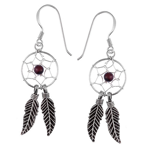 Ohrhänger Stein Perle dunkelrot Feder Traumfänger 925 Sterling Silber Ohrringe Indianer Schmuck