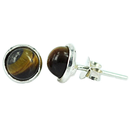 Ohrstecker Braun Tigerauge rund 8 mm Ø eingefasst 925er Sterlingsilber Rand glänzend