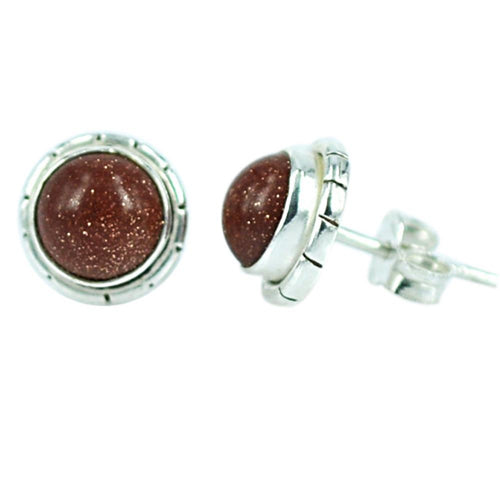 Ohrstecker Sandstein rund Braun Glitzer Kerben 8mmØ eingefasst 925er Sterlingsilber
